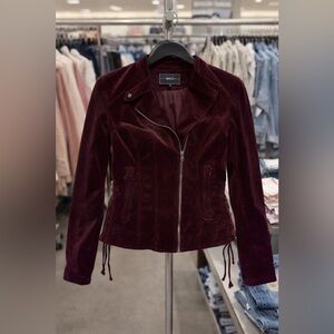 BNCI Burgundy Velvet Moto Jacket Women’s Small Zip-Up Lace Sleeve Pre-Owned